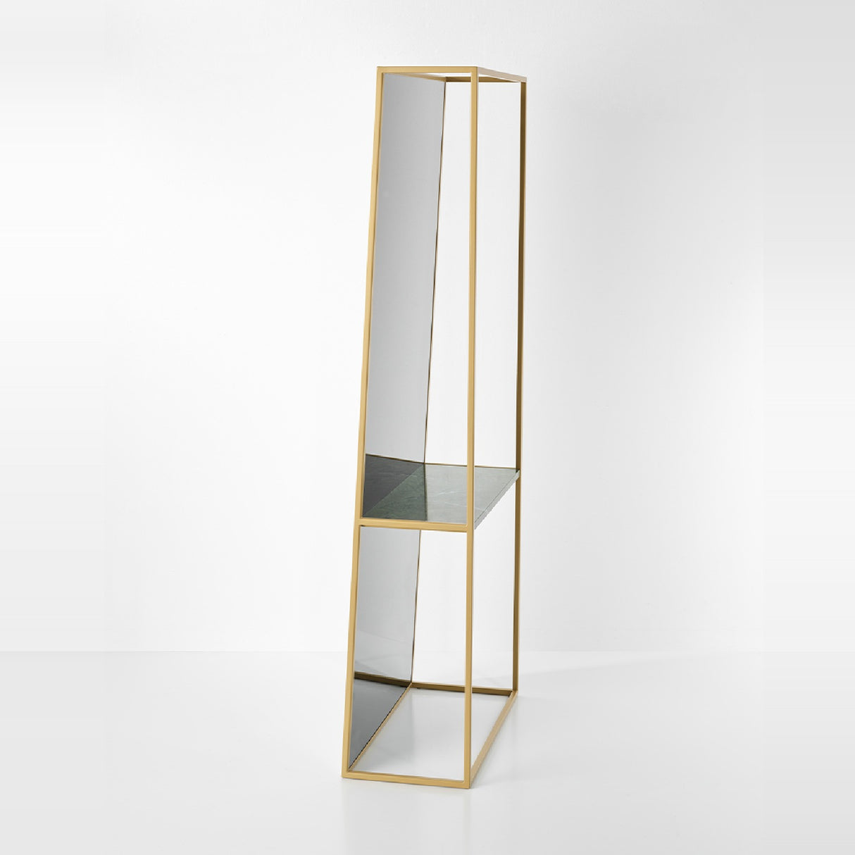 Chassis XL Deluxe free standing cheval mirror in an open gold metal frame, 170cm tall with a green marble shelf and clear mirrored panels, shown on a plain white background.