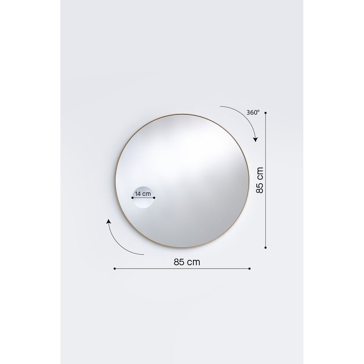 Round wall mirror in a bronze metal frame, 85cm diameter, with a flush 14cm magnifying section and a 360° rotating fixing, shown on a plain light background.