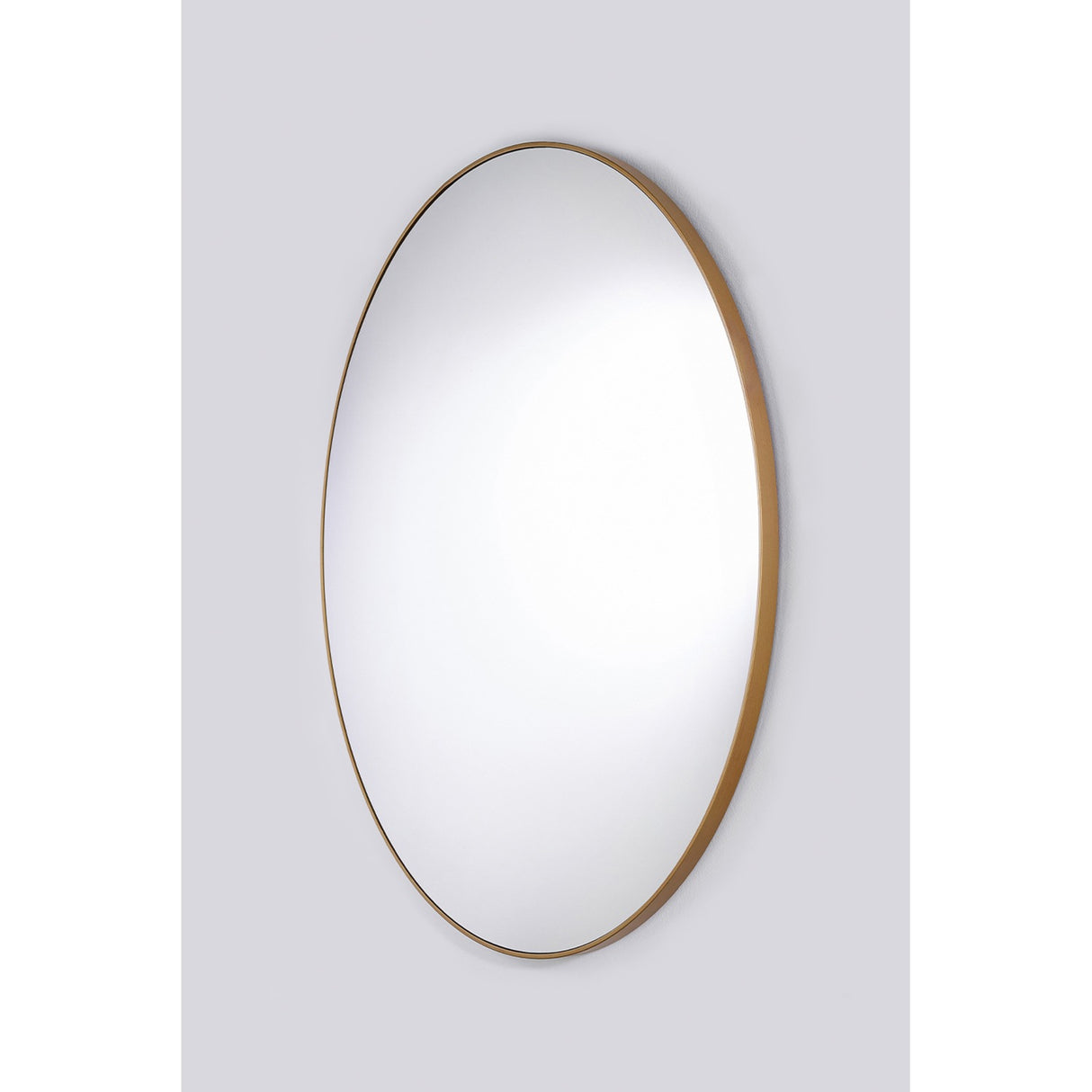 Hoop Bronze round wall mirror, 105cm, with a thin bronze metal rim frame around plain mirrored glass, shown at an angle against a light grey background.