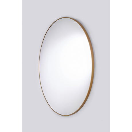 Hoop Bronze round wall mirror, 105cm, with a thin bronze metal rim frame around plain mirrored glass, shown at an angle against a light grey background.