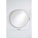 Hoop Bronze round wall mirror, 105cm, with a thin bronze metal frame and mirrored glass, shown on a plain light grey background with dimension markers.