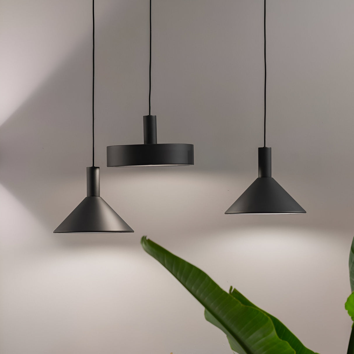 Three Arion 1 Light Pendants in sleek black are set against a white wall. Two feature cone-shaped shades, while the central one is flatter and wider. Green leaves from a plant partially enter the frame at the bottom, with soft shadows dancing on the wall that enhance the elegance of this dimmable pendant lighting.