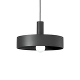 The Arion 1 Light Pendant - Black showcases a contemporary design with a sleek black circular shade and an exposed white bulb. This dimmable fixture hangs from a dark cord and includes an E27 bulb holder, creating a minimalist aesthetic.