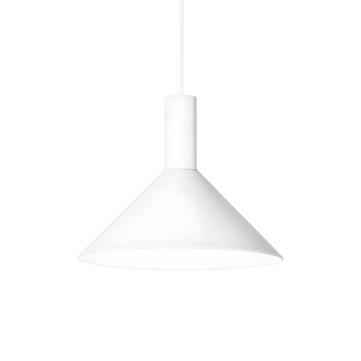 The Arion 1 Light Pendant - White features a sleek cone-shaped shade suspended from a slender cord, making it an ideal addition to contemporary home decor. The piece stands out beautifully against a plain white background.