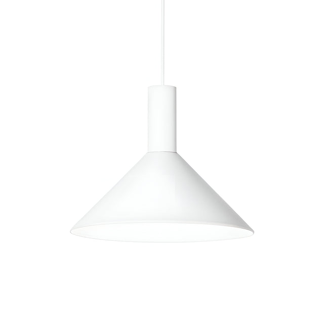 The Arion 1 Light Pendant - White features a sleek cone-shaped shade suspended from a slender cord, making it an ideal addition to contemporary home decor. The piece stands out beautifully against a plain white background.