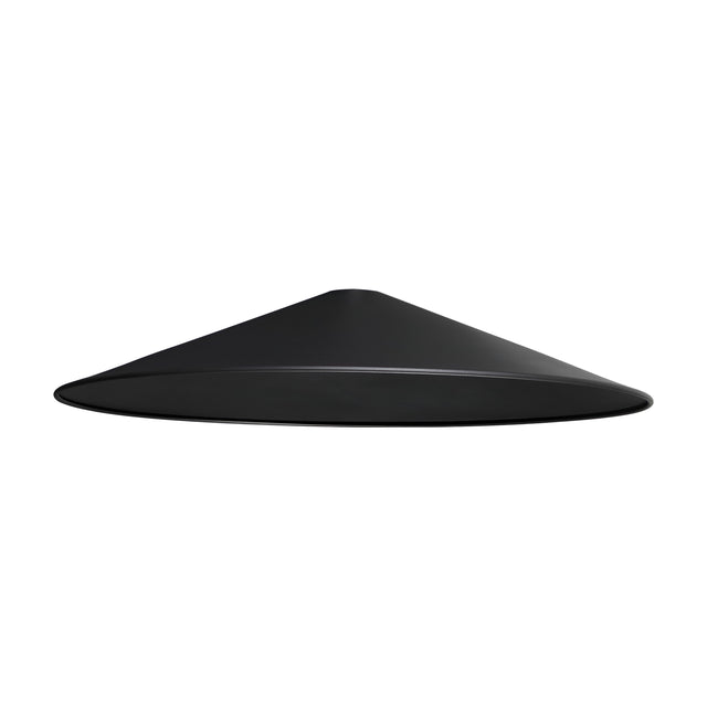 The Arion-2 Large Ceiling Lampshade/Rose in black features a minimalist cone shape set against a white backdrop, showcasing its sleek, smooth design reminiscent of a metallic dome. This piece perfectly highlights modern industrial decor and contemporary aesthetics.