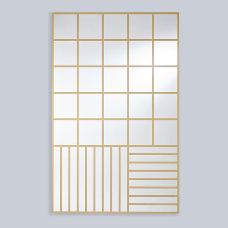 Grid Gold Window Print Full Length Mirror, 158cm rectangular glass with gold grid print, large square panes above and fine vertical and horizontal stripes below, on a plain light grey background.