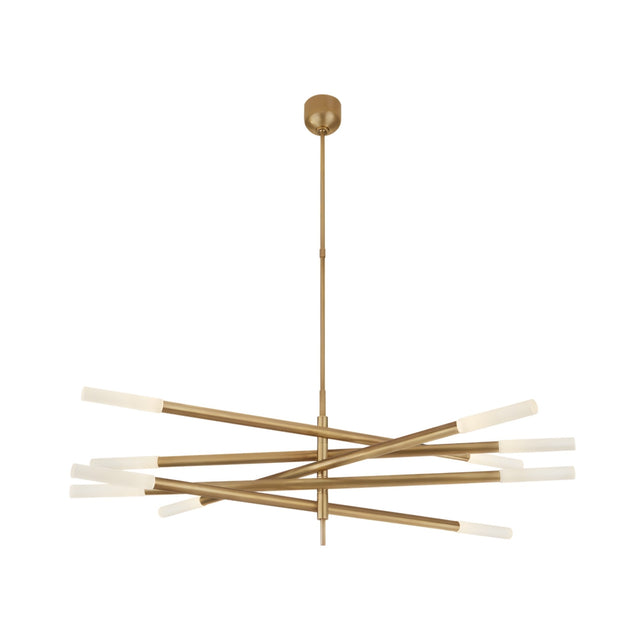 The Aurelian LED Layered Arms Alabaster Chandelier in brushed brass and soft white features multiple intersecting rods with cylindrical lights, elegantly suspended from the ceiling by a central rod—an ideal modern dining room fixture.
