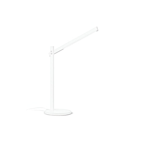 The Arcanta LED Table Lamp in white presents a sleek, modern design with a thin, elongated horizontal light bar and a circular base. This minimalistic marvel in modern lighting features an adjustable diffuser and is showcased against a plain white background, with its power cord visible at the base.