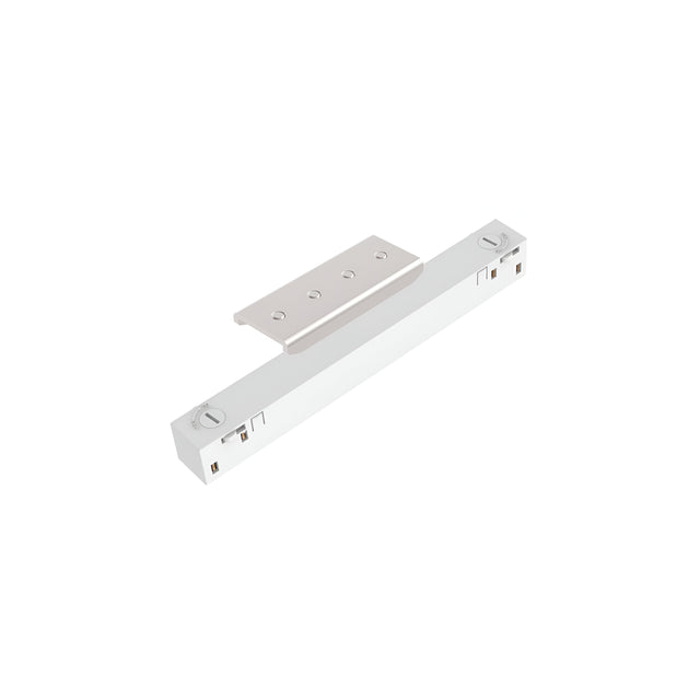 The Luxeon Dimmable Recessed Linear Track Connector in white, featuring a rectangular base and an adjustable latch mechanism reminiscent of an elegant connector, is displayed on a white background.
