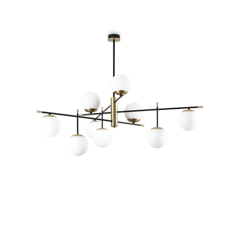 The Aelora 9 Light Suspension - Brass elegantly hangs from the ceiling, showcasing a design of brass rods and white spherical shades that exude contemporary sophistication. With its nine lights, it offers a simple yet elegant look against a white background.