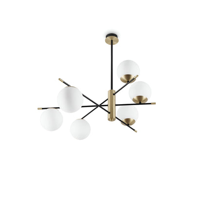 Introducing the Aelora 6 Light Suspension - Brass, a masterpiece of contemporary sophistication. This modern chandelier showcases a central gold cylinder and six black rods, each adorned with frosted white globe lights, creating an abstract star pattern—a stunning brass lighting fixture for any space.