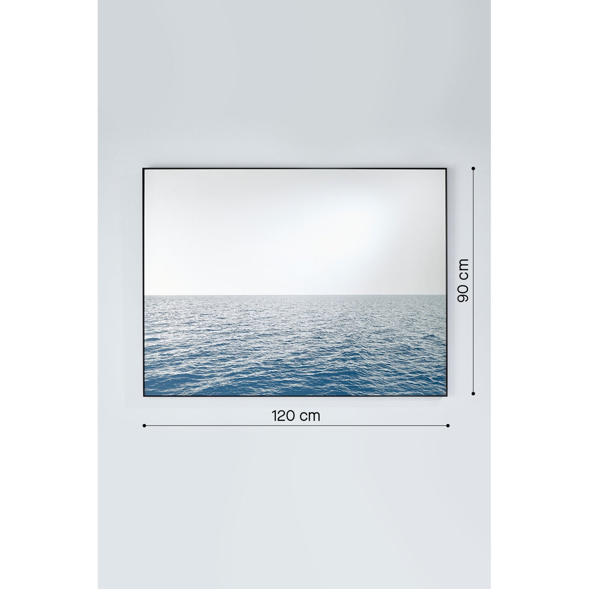 Maro Seascape Printed Glass Wall Mirror, 120cm x 90cm, rectangular black frame with printed blue seascape below and mirrored glass above, shown with dimension markers on a plain grey background.