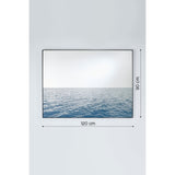 Maro Seascape Printed Glass Wall Mirror, 120cm x 90cm, rectangular black frame with printed blue seascape below and mirrored glass above, shown with dimension markers on a plain grey background.