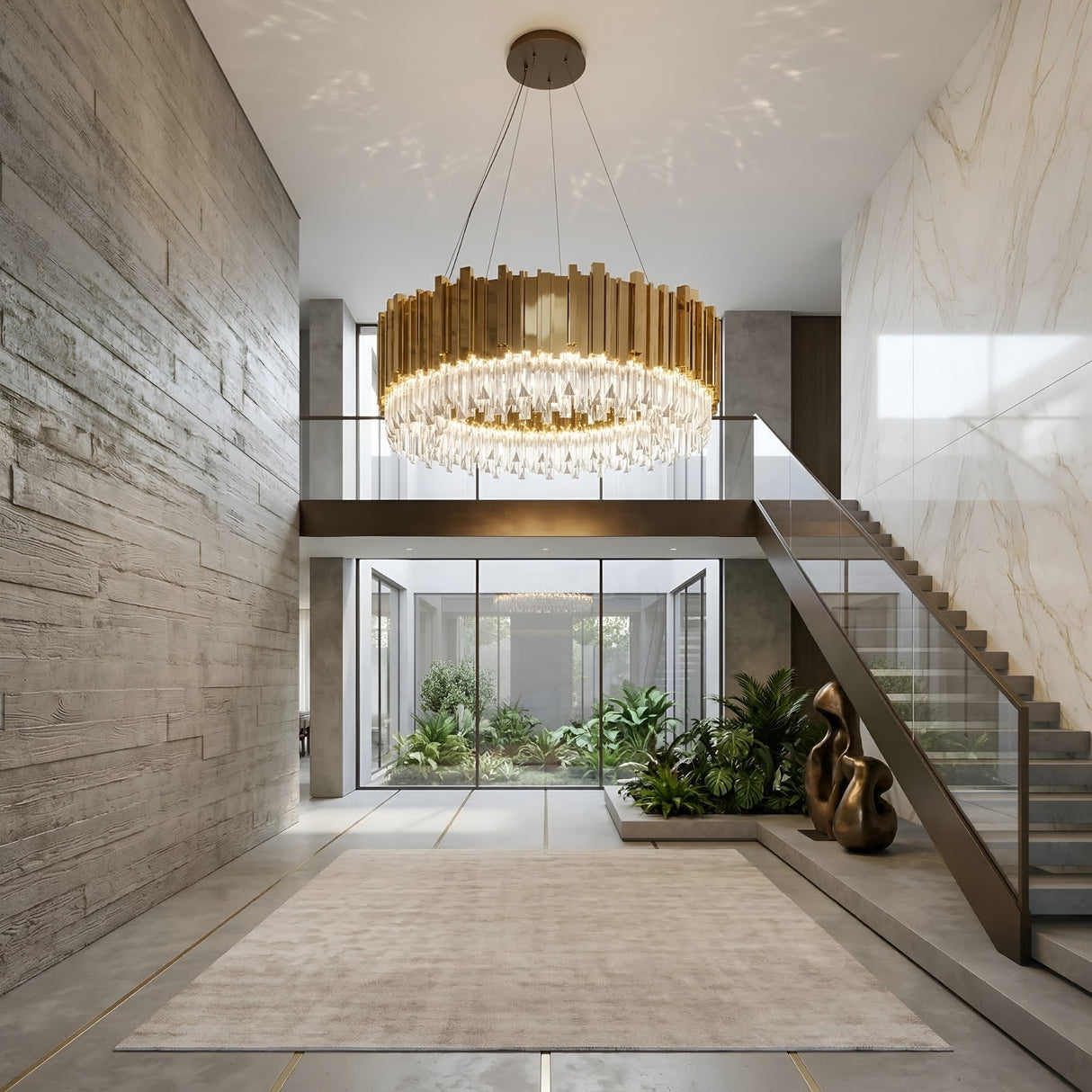 A modern, spacious foyer with concrete and marble walls, a stunning Royal 6-12 Crystal Light Chandelier - Gold, glass stairs with metal railing, indoor plants, a beige rug, and abundant natural light from large windows and a central courtyard.