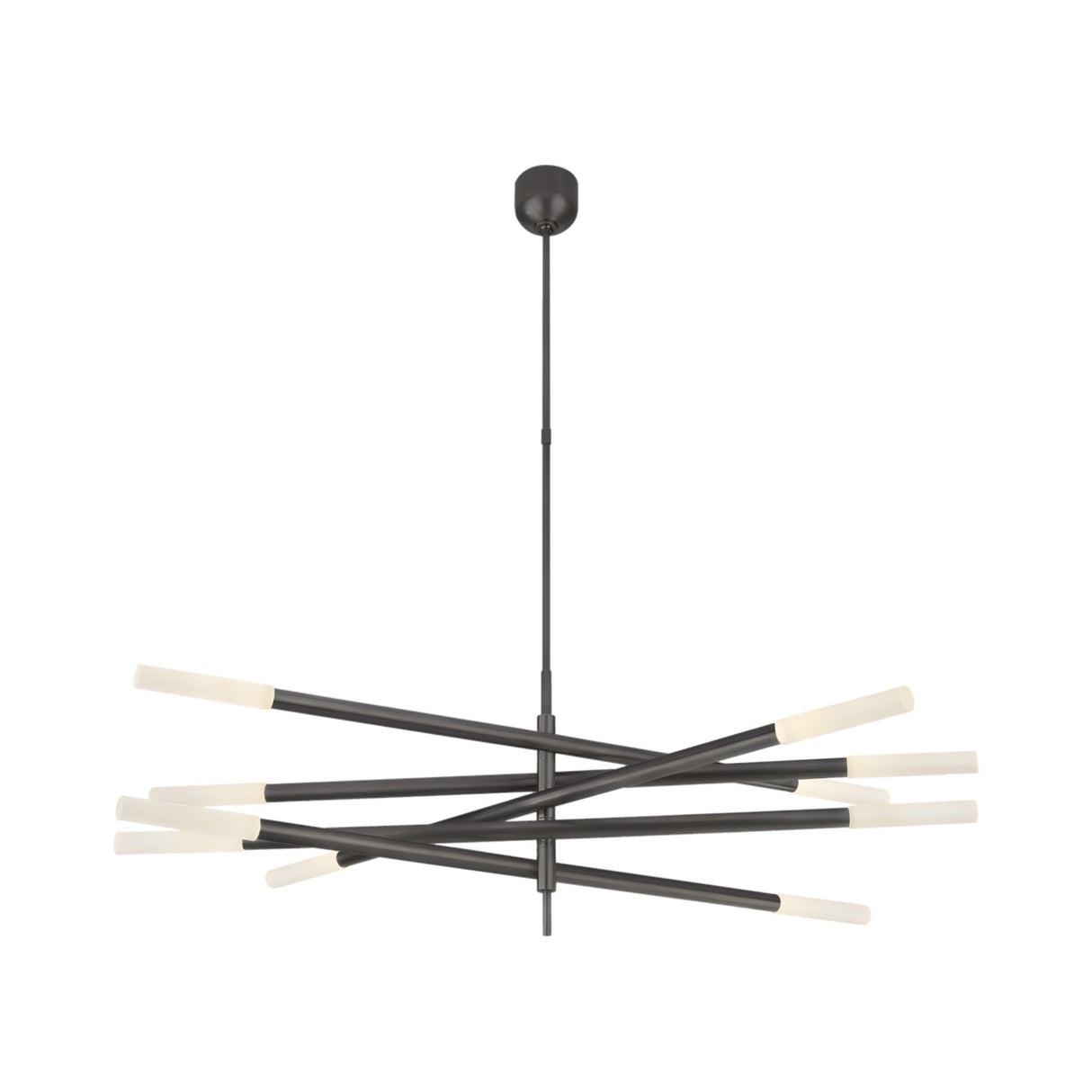 The Aurelian LED Layered Arms Alabaster Chandelier in Matte Black & Soft White features intersecting rods ending in tubular white LEDs, suspended from a central rod for a striking minimalist geometric design.