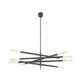 The Aurelian LED Layered Arms Alabaster Chandelier in Matte Black & Soft White features intersecting rods ending in tubular white LEDs, suspended from a central rod for a striking minimalist geometric design.