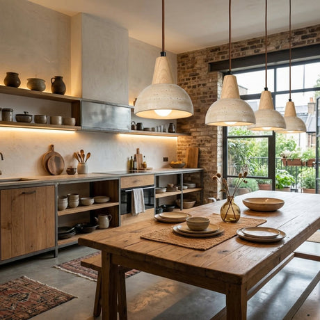 A cozy, modern kitchen with wooden cabinets, open shelves of pottery, and a large wood dining table set with plates and vases is softly lit by the Corvanto 1 Light Dome Travertine Single Pendant Light in light brown & beige. Lush plants fill the patio outside the window.