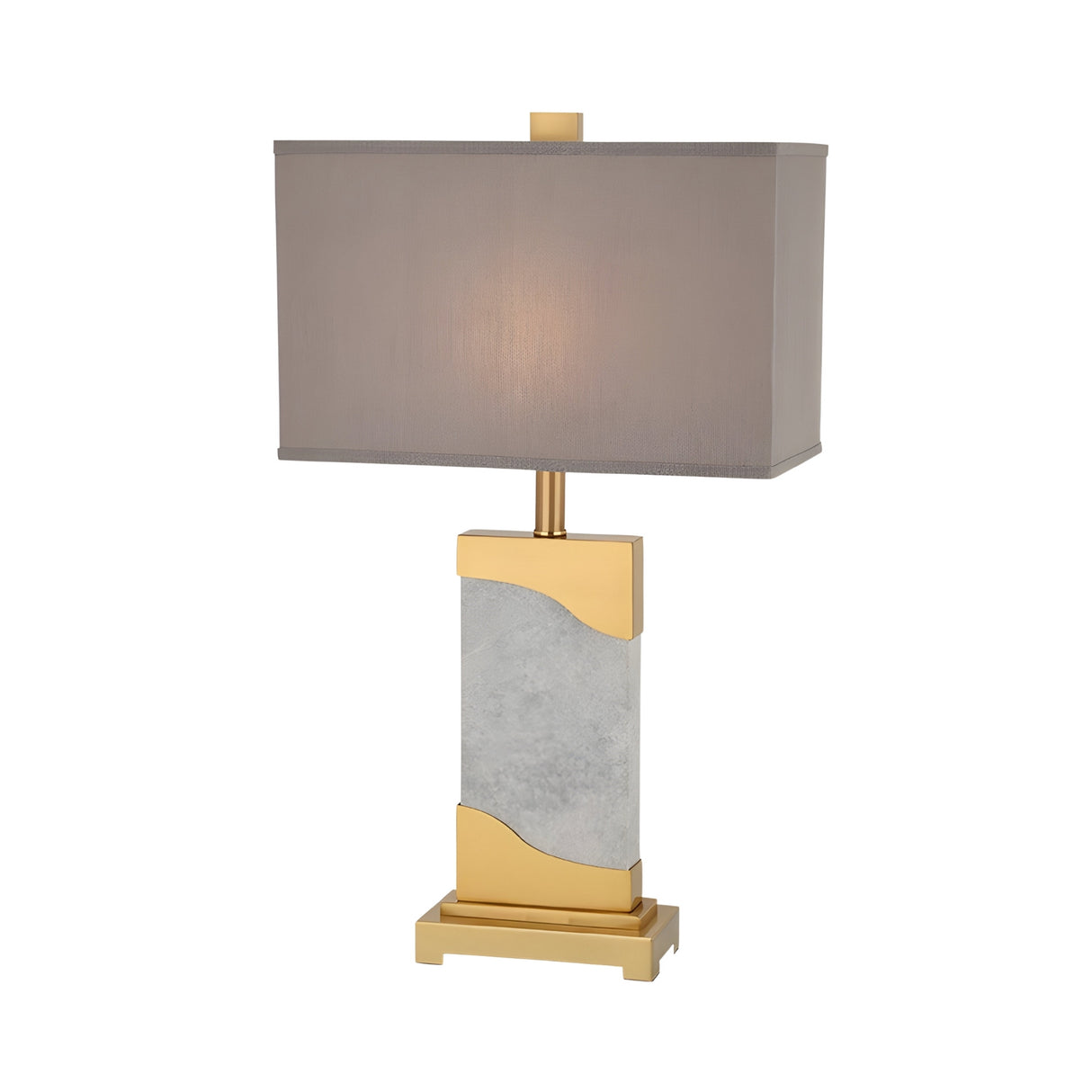 The Torvani 1 Light Statement Marble Table Lamp features a rectangular grey shade, a brass and marble-patterned rectangular base, and gold accents on the base and stand, set against a white background.