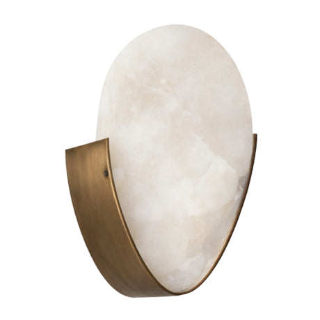 The Calera LED Large Oval Alabaster Wall Light in soft white features an oval-shaped alabaster shade and a curved, brushed brass bracket.