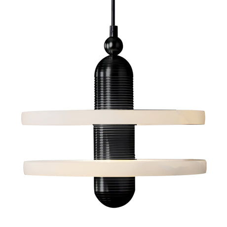 The Nyxara LED Large Double Tiered Alabaster Single Pendant Light features a sculptural design with a black center and two glowing alabaster rings, suspended from a black cord in soft white and black finishes.