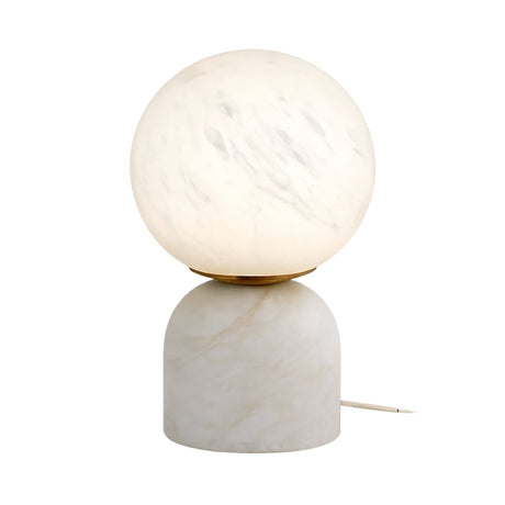 The Solvyn LED Small Globe Alabaster Table Lamp features a round, frosted glass globe atop a cylindrical alabaster base, softly glowing in soft white and powered by a cord.