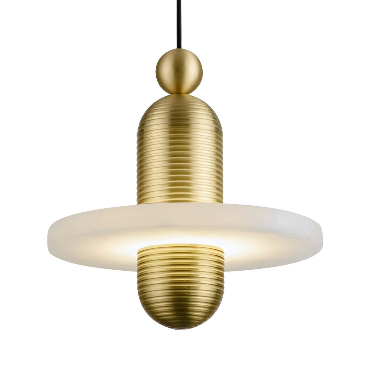 The Nyxara LED Large Tiered Alabaster Single Pendant Light in soft white and gold features a modern ribbed gold cylindrical body, alabaster tiered design, frosted circular shade, and hangs from a black cord.