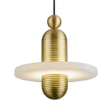 The Nyxara LED Large Tiered Alabaster Single Pendant Light in soft white and gold features a modern ribbed gold cylindrical body, alabaster tiered design, frosted circular shade, and hangs from a black cord.