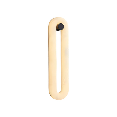 The Serava LED Small Alabaster Wall Light – Soft White features a minimalist, elongated rounded shape with soft illumination, an open bottom, and a black circular accent at the top right corner. Shown against a white background.