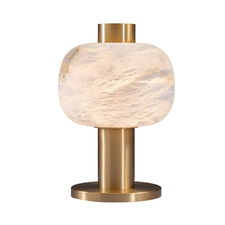 The Marveta 1 Light Small Rounded Alabaster Table Lamp in Soft White & Brass features a cylindrical base and a frosted, alabaster-like glass shade that casts a warm, diffused glow.