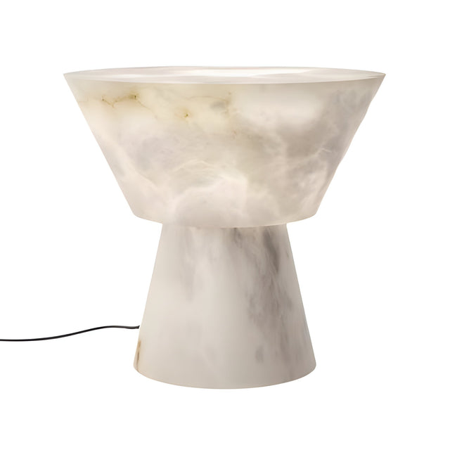 The Calyrix LED Large Flared Alabaster Table Lamp in soft white features a modern cone-shaped design with a wide bowl top, narrow base, subtle gray veins in translucent alabaster, and a visible power cord on the left side.