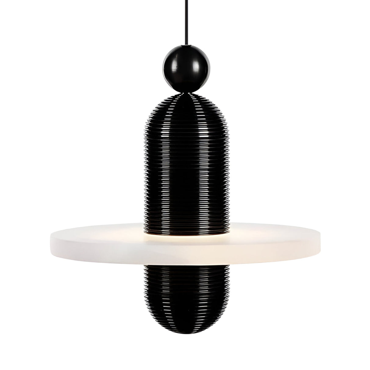The Nyxara LED Large Tiered Alabaster Single Pendant Light in soft white & black showcases a ribbed black cylinder with a spherical cap, suspended above a wide alabaster disc that diffuses soft white light.