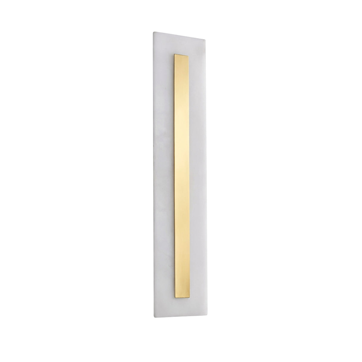 The Averra LED Large Rectangle Alabaster Wall Light features a tall white base with a thin vertical brass strip, offering a modern look in soft white and brass.