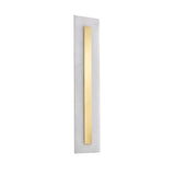 The Averra LED Large Rectangle Alabaster Wall Light features a tall white base with a thin vertical brass strip, offering a modern look in soft white and brass.