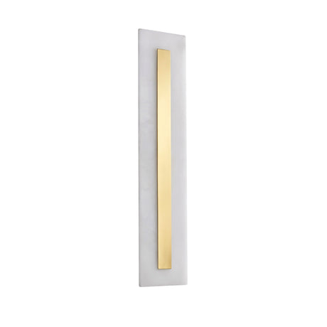 The Averra LED Large Rectangle Alabaster Wall Light features a tall white base with a thin vertical brass strip, offering a modern look in soft white and brass.