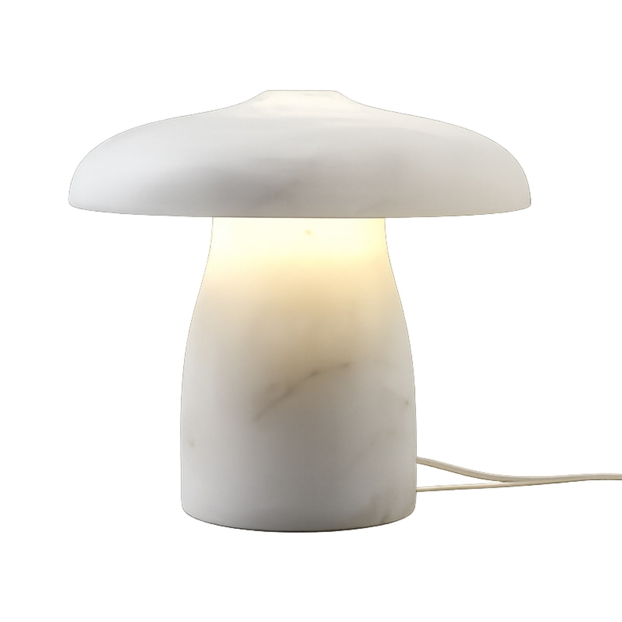 The Mirexa LED Large Mushroom Alabaster Table Lamp in Soft White features a modern mushroom design, smooth Spanish alabaster construction, a glowing LED light, and an electrical cord extending from the base.