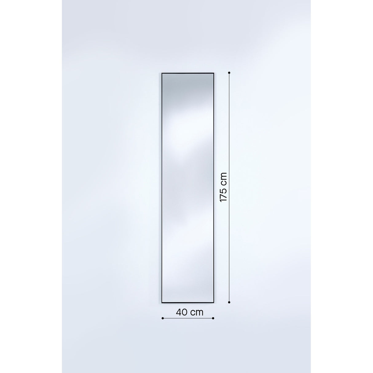 Lucka Outdoor Full Length Garden Mirror, 175cm rectangular design with slim black metal frame, shown on a plain light background with dimension labels for 175cm height and 40cm width.