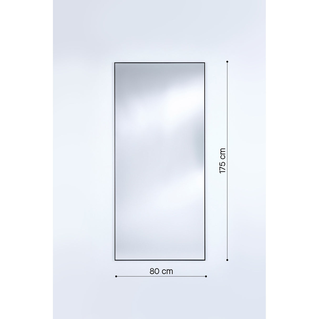 Lucka Outdoor XL full length garden mirror, 175cm by 80cm, rectangular with a slim black metal frame, shown with dimension labels on a plain white background.