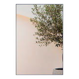 Lucka Outdoor Rectangular Garden Mirror 120cm in black, slim metal frame, shown beside olive tree branches against a plain light wall.