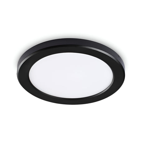 Introducing the Lucella Recessed Round LED Downlight, a modern ceiling fixture featuring a sleek black frame and a white frosted center for softly diffused lighting. With its 3000K illumination, this 20W downlight's minimalist design seamlessly complements a variety of interior styles.