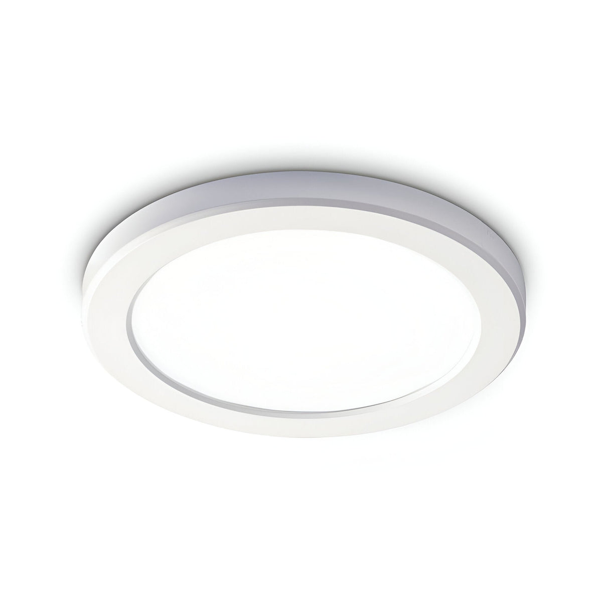 The Lucella Recessed Round LED Downlight, boasting a sleek, modern design with a white finish, is mounted on the ceiling. This energy-efficient 20W fixture emits a soft and even 4000K glow.