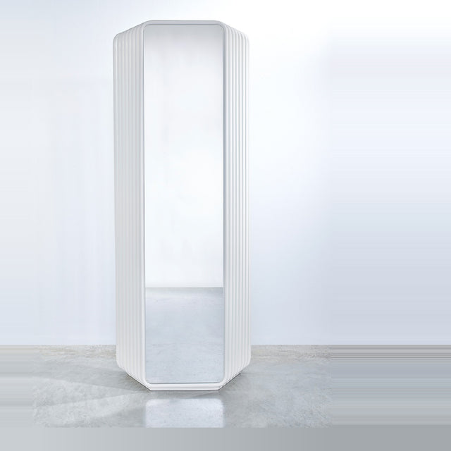 Echo White Free Standing Mirror 193cm, a tall cheval mirror with a white powder coated metal frame of stacked horizontal slats curving round the base, shown against a plain white background.