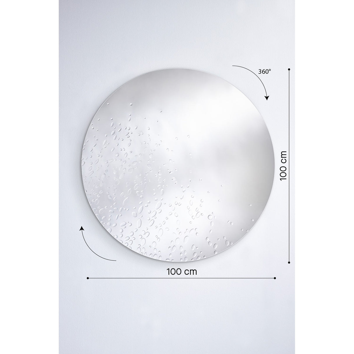 Frameless round wall mirror, 100cm, with hand-applied dewdrop texture scattered across silvered glass, shown with 100cm x 100cm dimension markers and a 360° rotation icon on a plain white background.