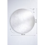Frameless round wall mirror, 100cm, with hand-applied dewdrop texture scattered across silvered glass, shown with 100cm x 100cm dimension markers and a 360° rotation icon on a plain white background.