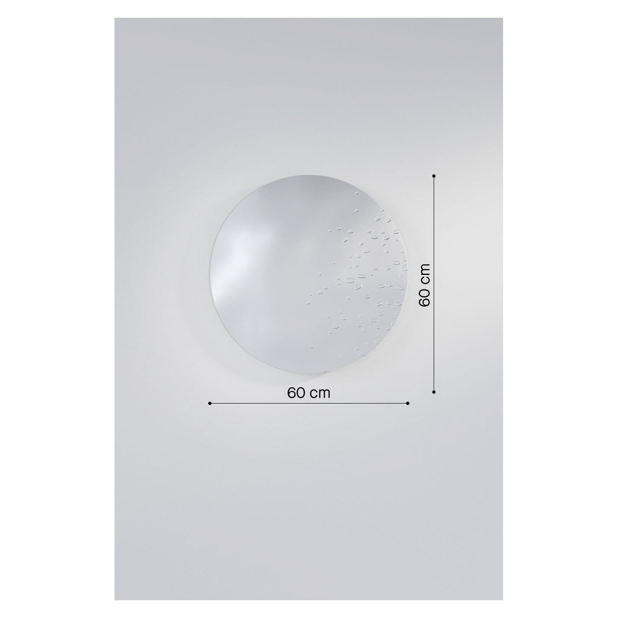 Frameless round wall mirror, 60cm diameter, with hand-applied raised dewdrop details across the lower edge, shown on a plain light grey background with dimension markers.