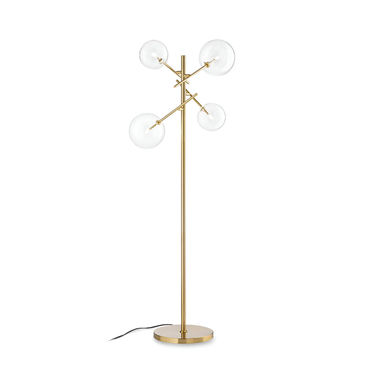 Introducing the Solarae Floor Lamp - Brass: a modern masterpiece with an elegant antique brass finish and asymmetrical blown glass diffusers on its sleek stand. The design features a circular base and a discreet black power cord, combining style with functionality.