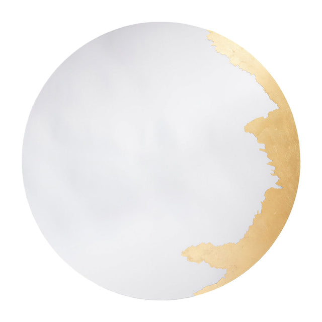 Ornato Gold Leaf Round Rotating Wall Mirror, 70cm frameless circular glass with hand-applied gold leaf covering part of the rim in an irregular pattern, set against a plain white background.