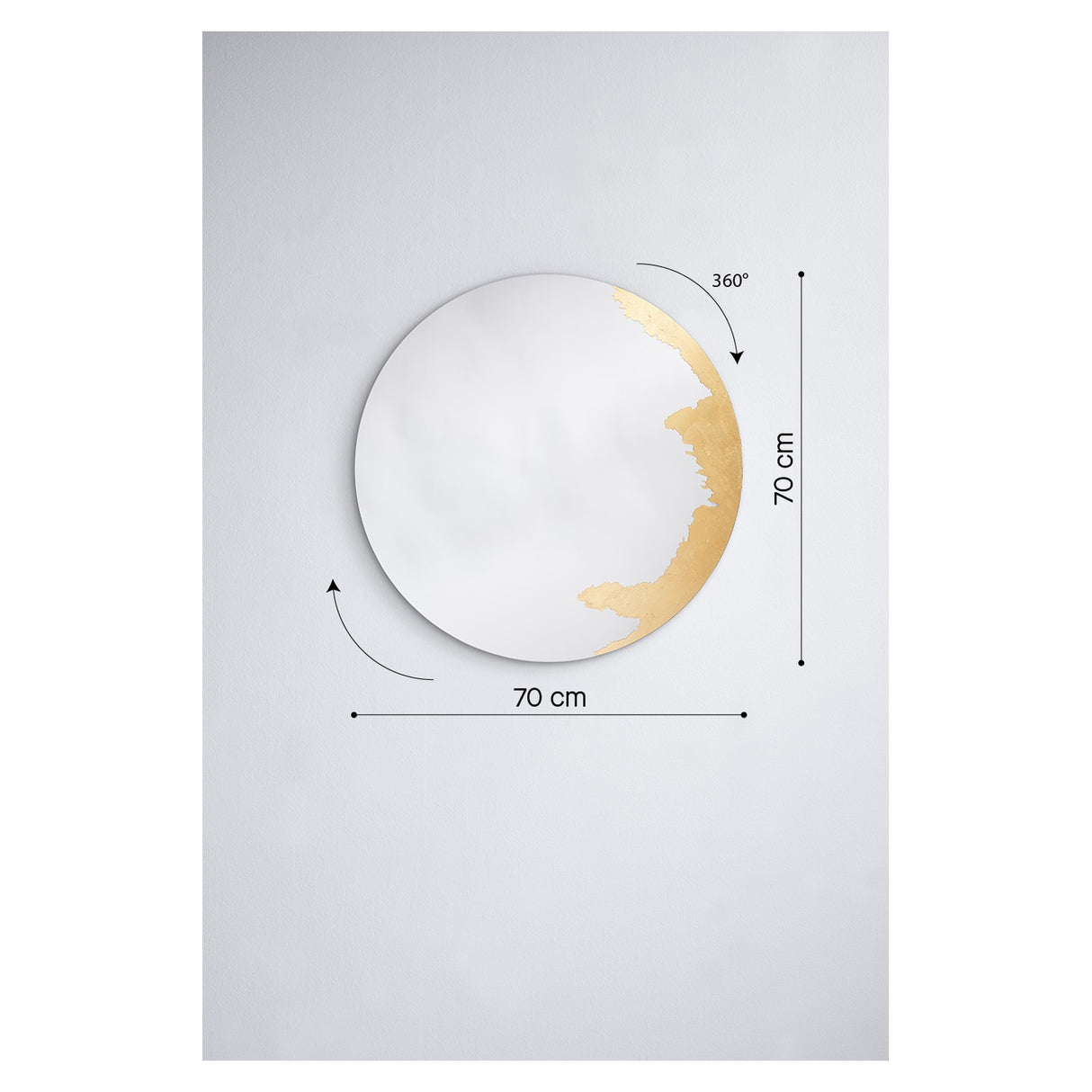 Ornato Round M mirror, 70cm frameless glass wall mirror with hand-applied gold leaf covering part of the rim, shown with 360° rotation and size guides on white background.
