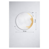 Ornato Round M mirror, 70cm frameless glass wall mirror with hand-applied gold leaf covering part of the rim, shown with 360° rotation and size guides on white background.