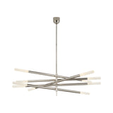 The Aurelian LED Layered Arms Alabaster Chandelier in Satin Nickel & Soft White features multiple intersecting arms, each ending in a cylindrical alabaster light, suspended elegantly from a central ceiling fixture.